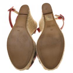 Burberry Multicolor Checked Canvas and Embossed Croc Leather Espadrille Wedge Sandals Size 38