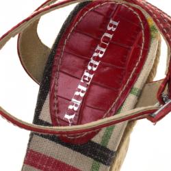 Burberry Multicolor Checked Canvas and Embossed Croc Leather Espadrille Wedge Sandals Size 38
