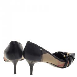 Pre Owned حذاء كعب عالي بربري جلد أسود وكانفاس كاروهات نوفا مقدمة مدببة بأبزيم مقاس 40