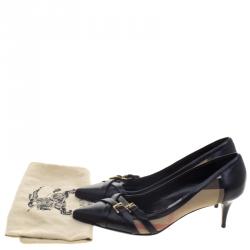 Pre Owned حذاء كعب عالي بربري جلد أسود وكانفاس كاروهات نوفا مقدمة مدببة بأبزيم مقاس 40