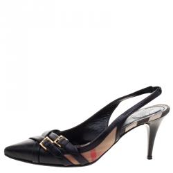 Pre Owned Burberry Black Leather And Novacheck Buckle Slingback Sandals Size 38