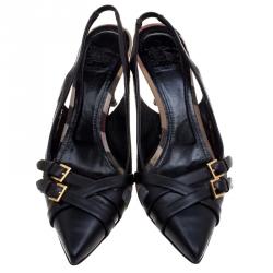 Pre Owned Burberry Black Leather And Novacheck Buckle Slingback Sandals Size 38