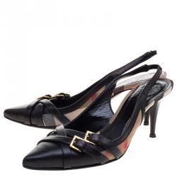 Pre Owned Burberry Black Leather And Novacheck Buckle Slingback Sandals Size 38