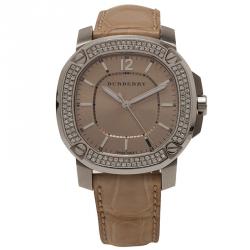Pre Owned Burberry Cream Stainless Steel Diamonds Britain Women's Wristwatch 38MM