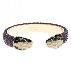 Bvlgari Serpenti Forever Enamel & Violet Galuchat Leather Gold Plated Open Cuff Bracelet 15cm