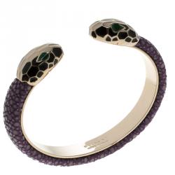 Bvlgari Serpenti Forever Enamel & Violet Galuchat Leather Gold Plated Open Cuff Bracelet 15cm