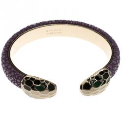 Bvlgari Serpenti Forever Enamel & Violet Galuchat Leather Gold Plated Open Cuff Bracelet 15cm