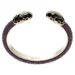Bvlgari Serpenti Forever Enamel & Violet Galuchat Leather Gold Plated Open Cuff Bracelet 15cm