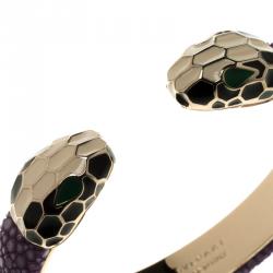 Bvlgari Serpenti Forever Enamel & Violet Galuchat Leather Gold Plated Open Cuff Bracelet 15cm
