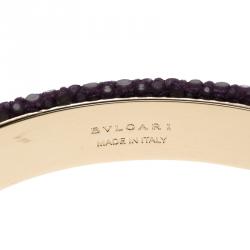 Bvlgari Serpenti Forever Enamel & Violet Galuchat Leather Gold Plated Open Cuff Bracelet 15cm