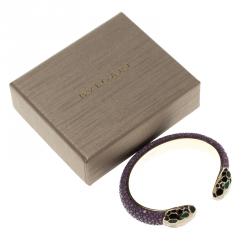 Bvlgari Serpenti Forever Enamel & Violet Galuchat Leather Gold Plated Open Cuff Bracelet 15cm