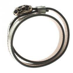 Pre Owned Bvlgari Serpenti Forever Enamel Double Coiled Silver Leather Gold Plated Bracelet