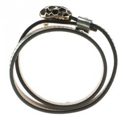 Pre Owned Bvlgari Serpenti Forever Enamel Double Coiled Silver Leather Gold Plated Bracelet