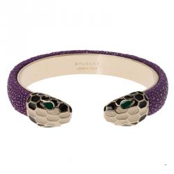 Pre Owned Bvlgari Serpenti Forever Enamel & Violet Galuchat Leather Gold Plated Open Cuff Bracelet 15 cm