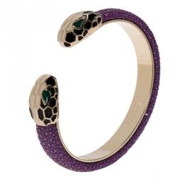 Pre Owned Bvlgari Serpenti Forever Enamel & Violet Galuchat Leather Gold Plated Open Cuff Bracelet 15 cm
