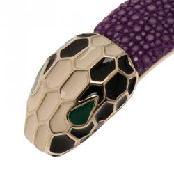 Pre Owned Bvlgari Serpenti Forever Enamel & Violet Galuchat Leather Gold Plated Open Cuff Bracelet 15 cm