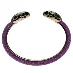 Pre Owned Bvlgari Serpenti Forever Enamel & Violet Galuchat Leather Gold Plated Open Cuff Bracelet 15 cm