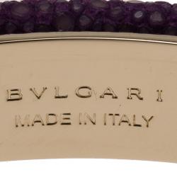 Pre Owned Bvlgari Serpenti Forever Enamel & Violet Galuchat Leather Gold Plated Open Cuff Bracelet 15 cm