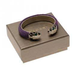 Pre Owned Bvlgari Serpenti Forever Enamel & Violet Galuchat Leather Gold Plated Open Cuff Bracelet 15 cm
