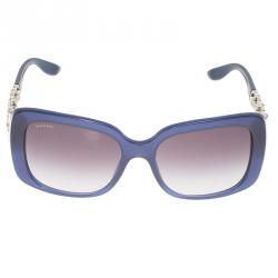 Pre Owned Bvlgari Blue Silver Tone Flower Crystal Embellished Square Sunglasses