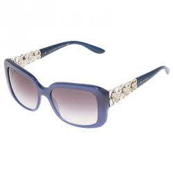 Pre Owned Bvlgari Blue Silver Tone Flower Crystal Embellished Square Sunglasses