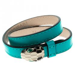 Pre Owned Bvlgari Serpenti Forever Enamel Turquoise Double Coiled Leather Gold Plated Bracelet