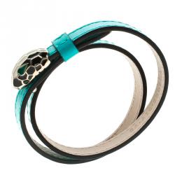 Pre Owned Bvlgari Serpenti Forever Enamel Turquoise Double Coiled Leather Gold Plated Bracelet