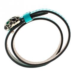 Pre Owned Bvlgari Serpenti Forever Enamel Turquoise Double Coiled Leather Gold Plated Bracelet