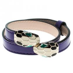 Bvlgari Serpenti Forever Enamel Violet Double Coiled Leather Gold Plated Bracelet