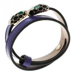 Bvlgari Serpenti Forever Enamel Violet Double Coiled Leather Gold Plated Bracelet
