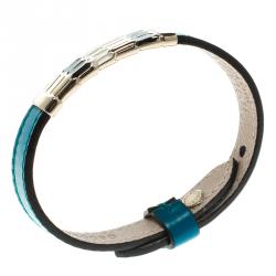 Pre Owned Bvlgari Scaglie Enamel Ocean Turquoise Leather Gold Plated Bracelet
