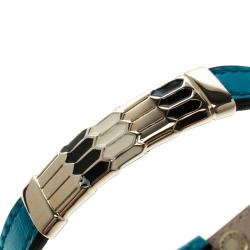 Pre Owned Bvlgari Scaglie Enamel Ocean Turquoise Leather Gold Plated Bracelet