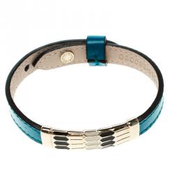 Pre Owned Bvlgari Scaglie Enamel Ocean Turquoise Leather Gold Plated Bracelet