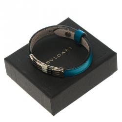 Pre Owned Bvlgari Scaglie Enamel Ocean Turquoise Leather Gold Plated Bracelet