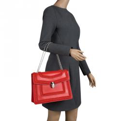Bvlgari Scarlet Red Leather Large Ruffled Serpenti Forever Shoulder Bag