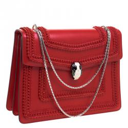 Bvlgari Scarlet Red Leather Large Ruffled Serpenti Forever Shoulder Bag