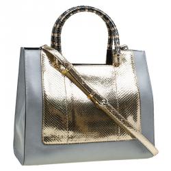 Pre Owned Bvlgari Grey/Gold Leather and Snakeskin Medium Serpenti Tote