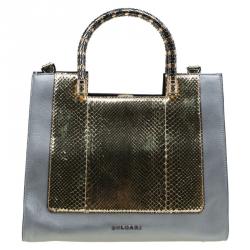 Pre Owned Bvlgari Grey/Gold Leather and Snakeskin Medium Serpenti Tote