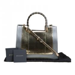 Pre Owned Bvlgari Grey/Gold Leather and Snakeskin Medium Serpenti Tote