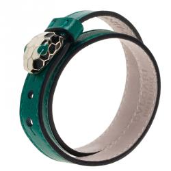 Pre Owned Bvlgari Serpenti Double Coiled Green Leather Bracelet