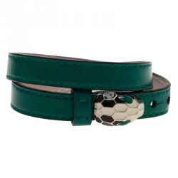 Pre Owned Bvlgari Serpenti Double Coiled Green Leather Bracelet