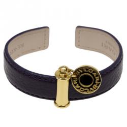 Pre Owned Bvlgari Bvlgari Gold Plated Tag Leather Cuff Bracelet