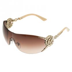 Pre Owned Bvlgari Cream Limited Edition Crystal Embellished Shield Sunglasses