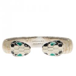 Bvlgari Serpenti Enamel Leather Palladium Plated Open Cuff Bracelet Size 15cm