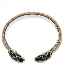 Bvlgari Serpenti Enamel Leather Palladium Plated Open Cuff Bracelet Size 15cm