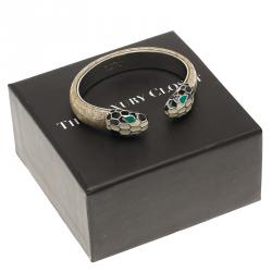 Bvlgari Serpenti Enamel Leather Palladium Plated Open Cuff Bracelet Size 15cm