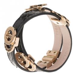Pre Owned Bvlgari Bvlgari Black Calfskin Leather Double Coiled Rose Gold Plated Bracelet