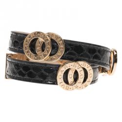 Pre Owned Bvlgari Bvlgari Black Calfskin Leather Double Coiled Rose Gold Plated Bracelet