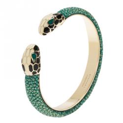 Pre Owned Bvlgari Serpenti Forever Enamel & Green Galuchat Leather Gold Plated Open Cuff Bracelet 17cm
