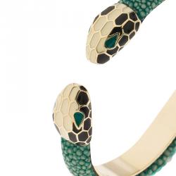 Pre Owned Bvlgari Serpenti Forever Enamel & Green Galuchat Leather Gold Plated Open Cuff Bracelet 17cm